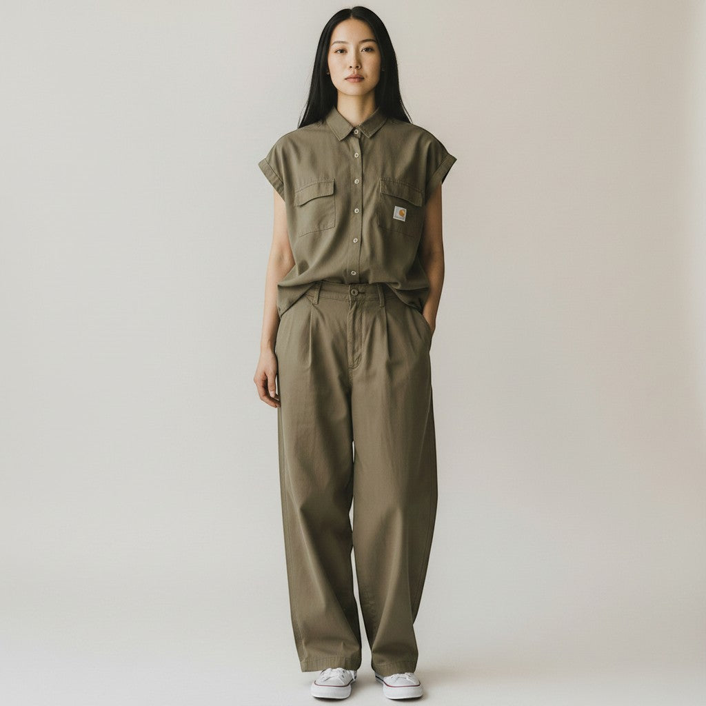 capitandenim Loren green linen-cotton TENCEL™ blend relaxed fit sleeveless shirt with two chest pockets and wide-leg trousers.