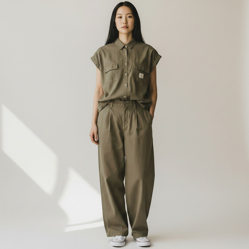capitandenim Nara Verde wide leg relaxed fit trousers in olive green, made from a linen, cotton, and TENCEL™ blend.