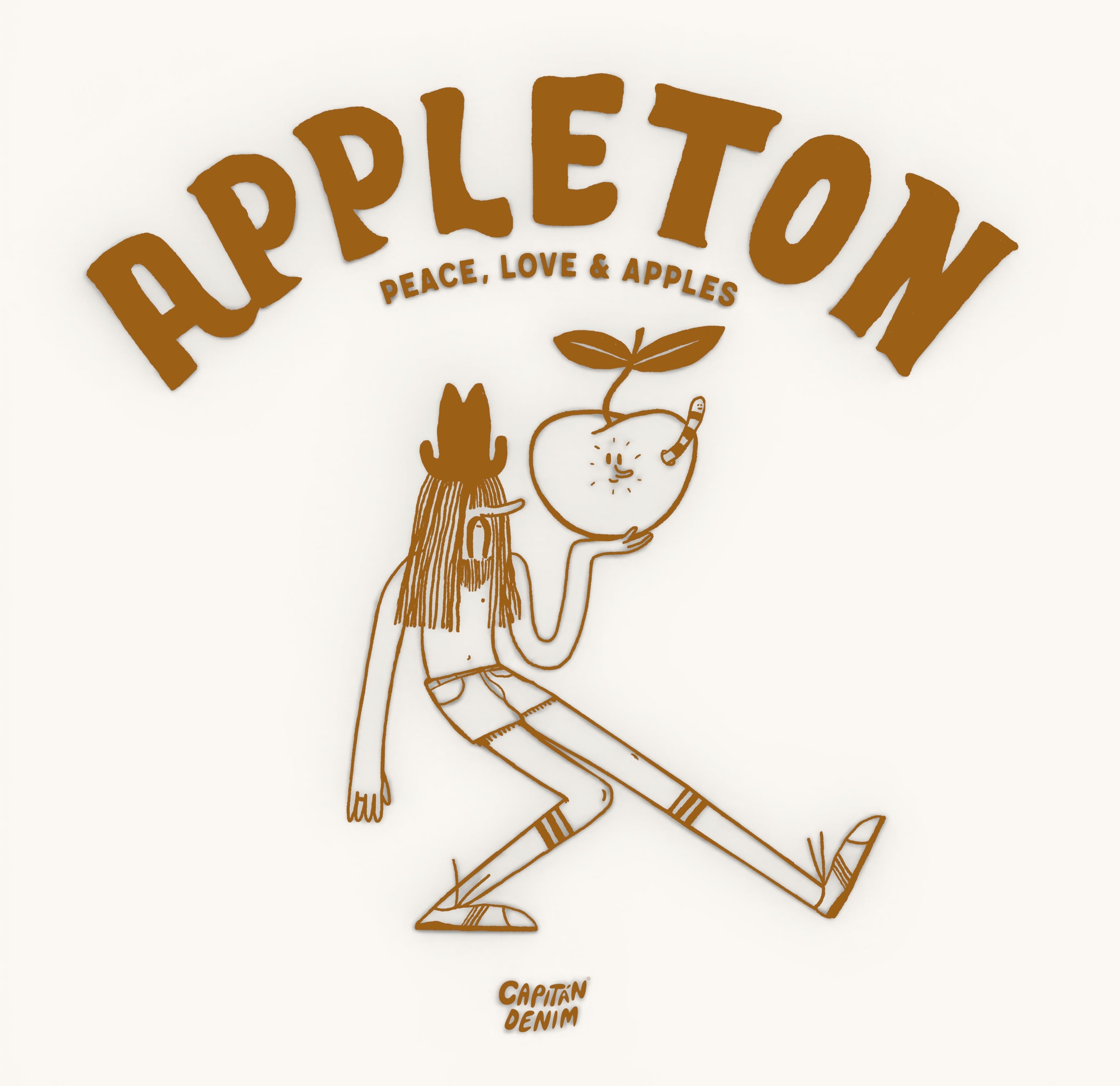 Capitan Denim unisex white t-shirt with brown 'APPLETON PEACE, LOVE & APPLES' graphic and a cartoon figure holding an apple.