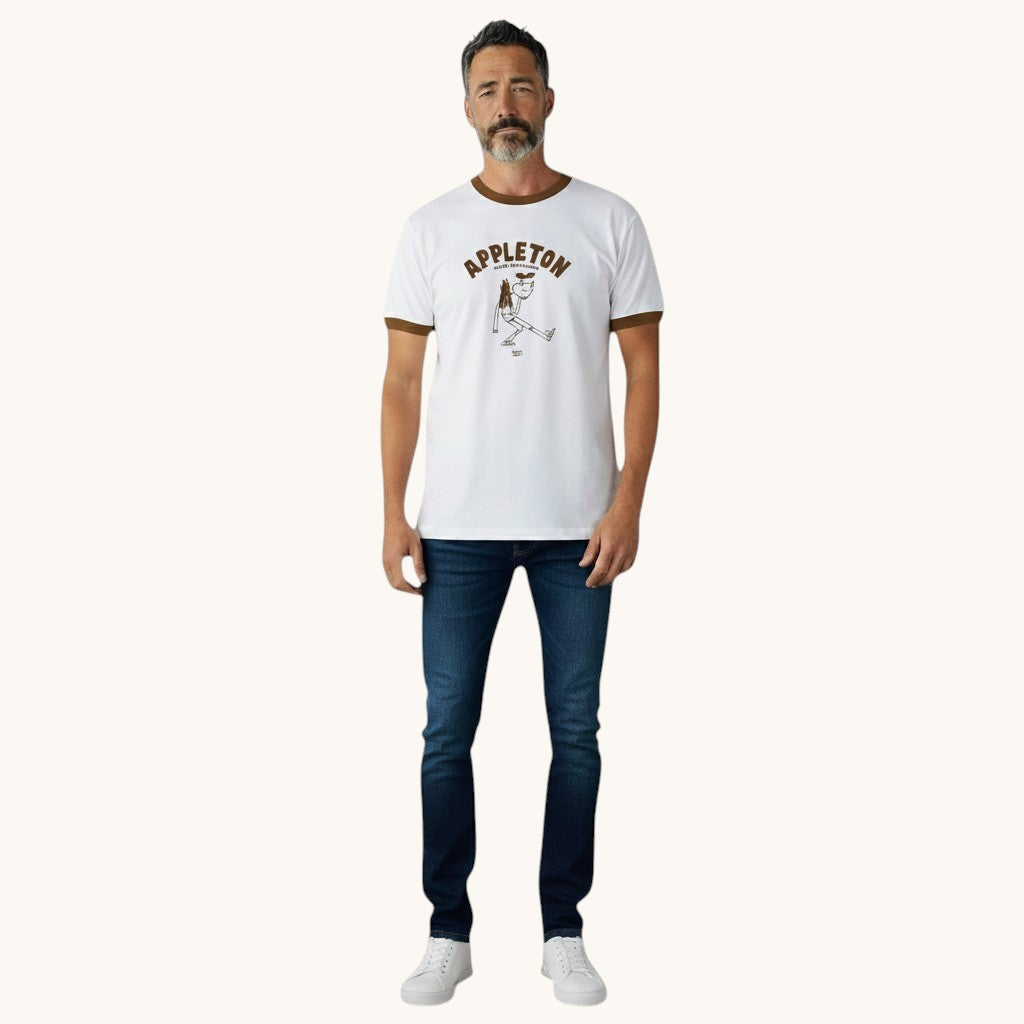 Capitandenim white ringer t-shirt with brown trim and a graphic print of a person. Unisex fit.