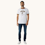 Capitandenim white ringer t-shirt with brown trim and a graphic print of a person. Unisex fit.